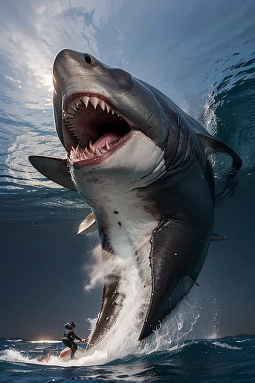 gigantic megalodon shark with sharp teeth, on the surface of the ocean destroying a whale and devouring it in half with lots of blood, photorealism