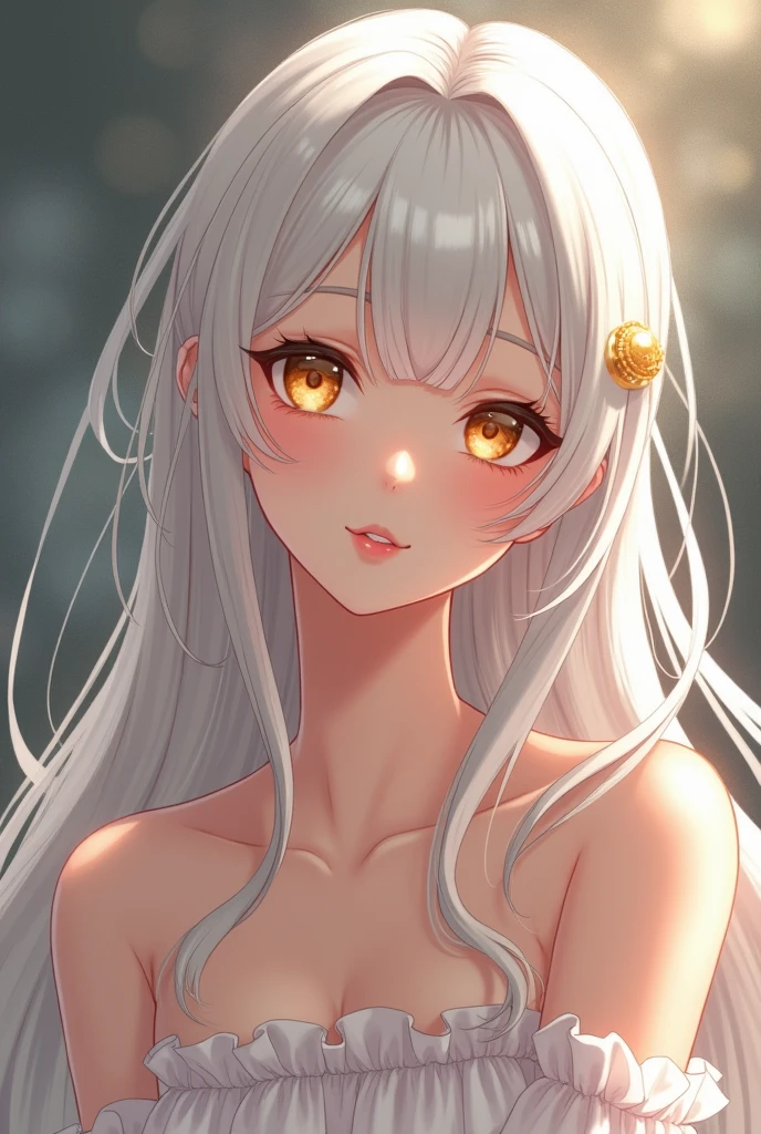((Masterpiece)) ((best quality)) ((ultra-detailed )) ((ultra sharp)) ((4k)).Anime girl with white hair and golden eyes with an aesthetic build in thongs looking at viewer