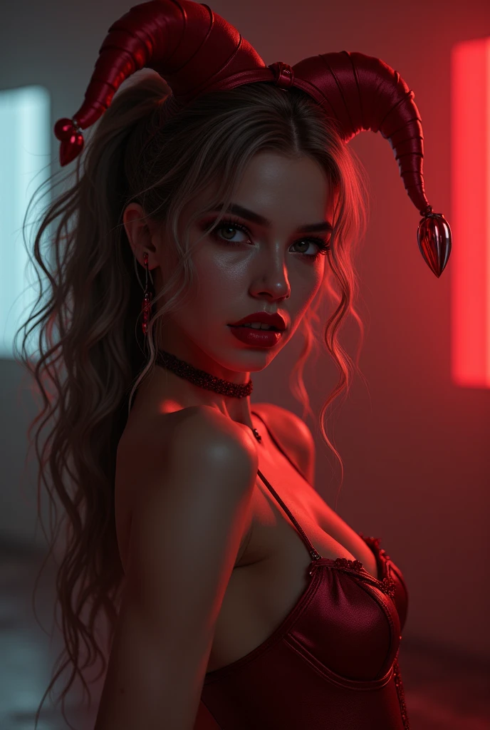 woman dressed in red underwear with devil horns, she should be very realistic, 4k, 8k, real woman, blonde hair, blue eyes, hourglass silhouette, young 20 years old, wide hips, big ass, rebus 6 + 9 = ?, the girl should not cover the rebus, erotic background, girl should not cover 6, girl shoud not cover 9 girl shoud not cover ? create a rebus: "6 + 9 = ?"