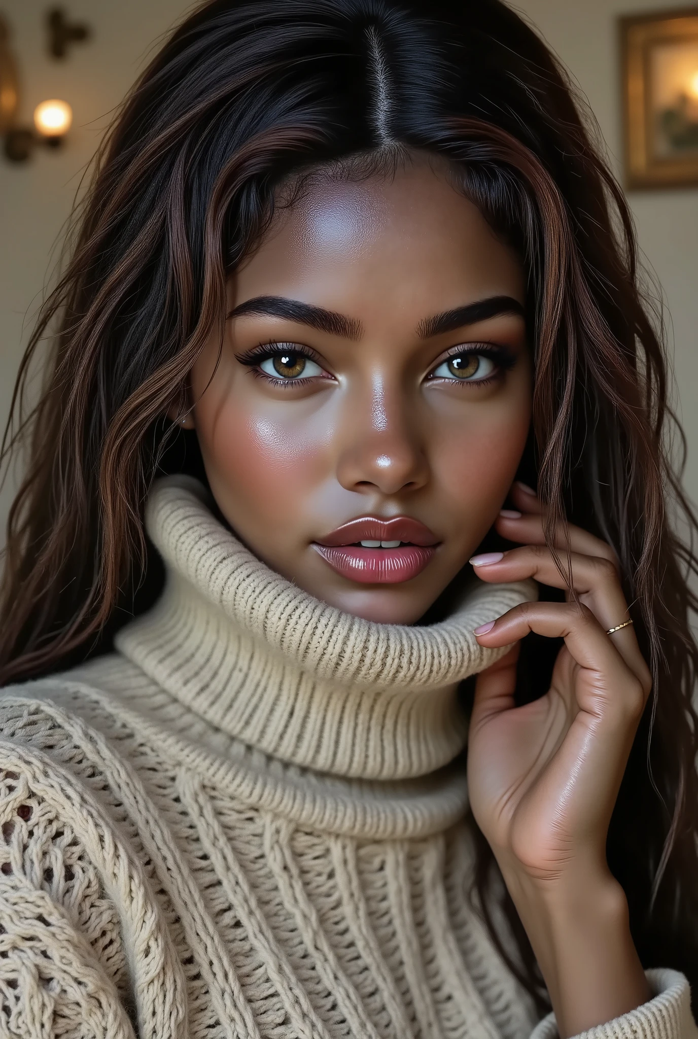 portrait of woman, aran sweater, detailed hands, detailed brown eyes
