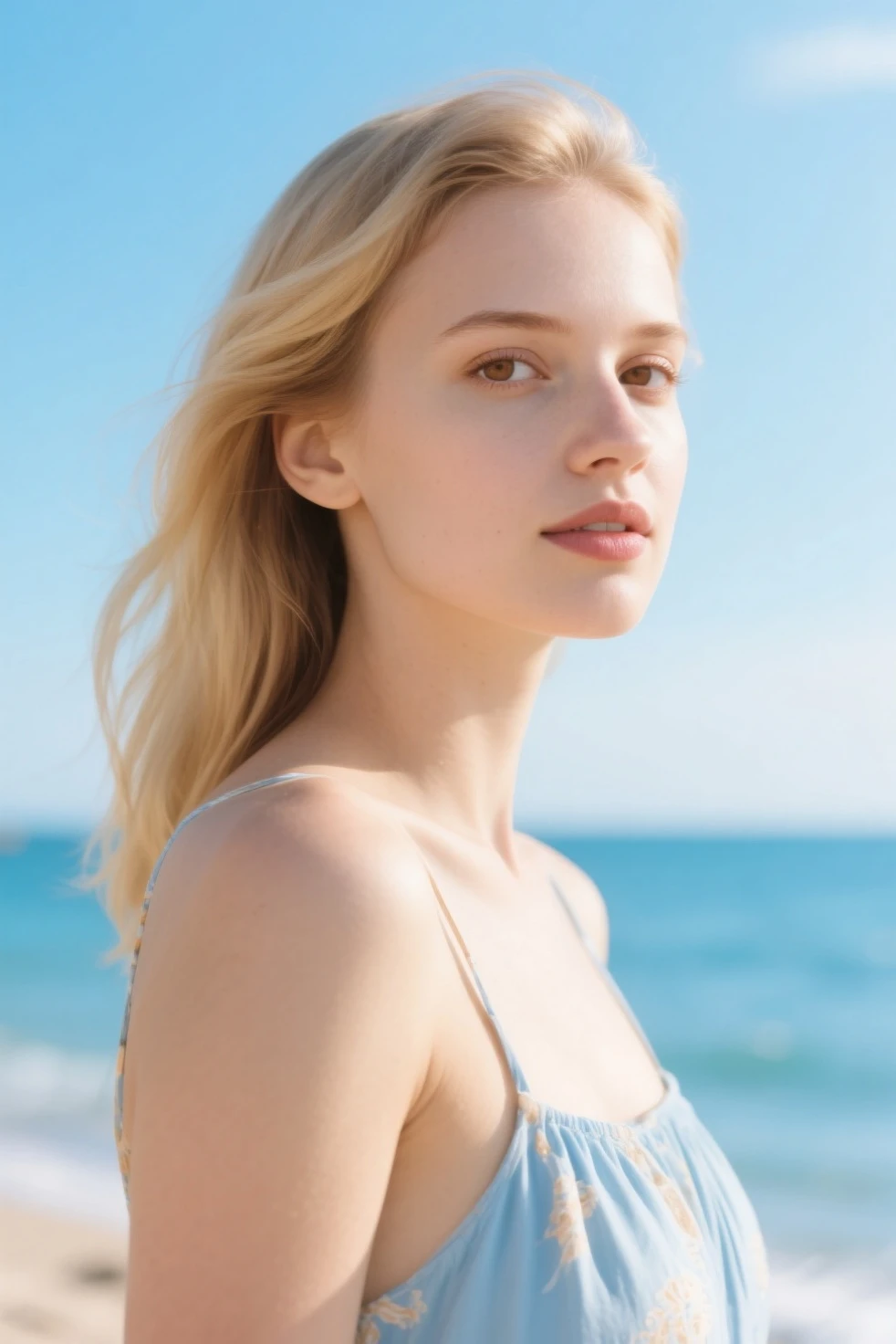 mulher de corpo inteiro, athletic body, Russian, Caucasian skin, clear blue eyes, half open mouth, with right hand on top of head, head slightly turned upward, realisitic, with beach background and left hand holding hair