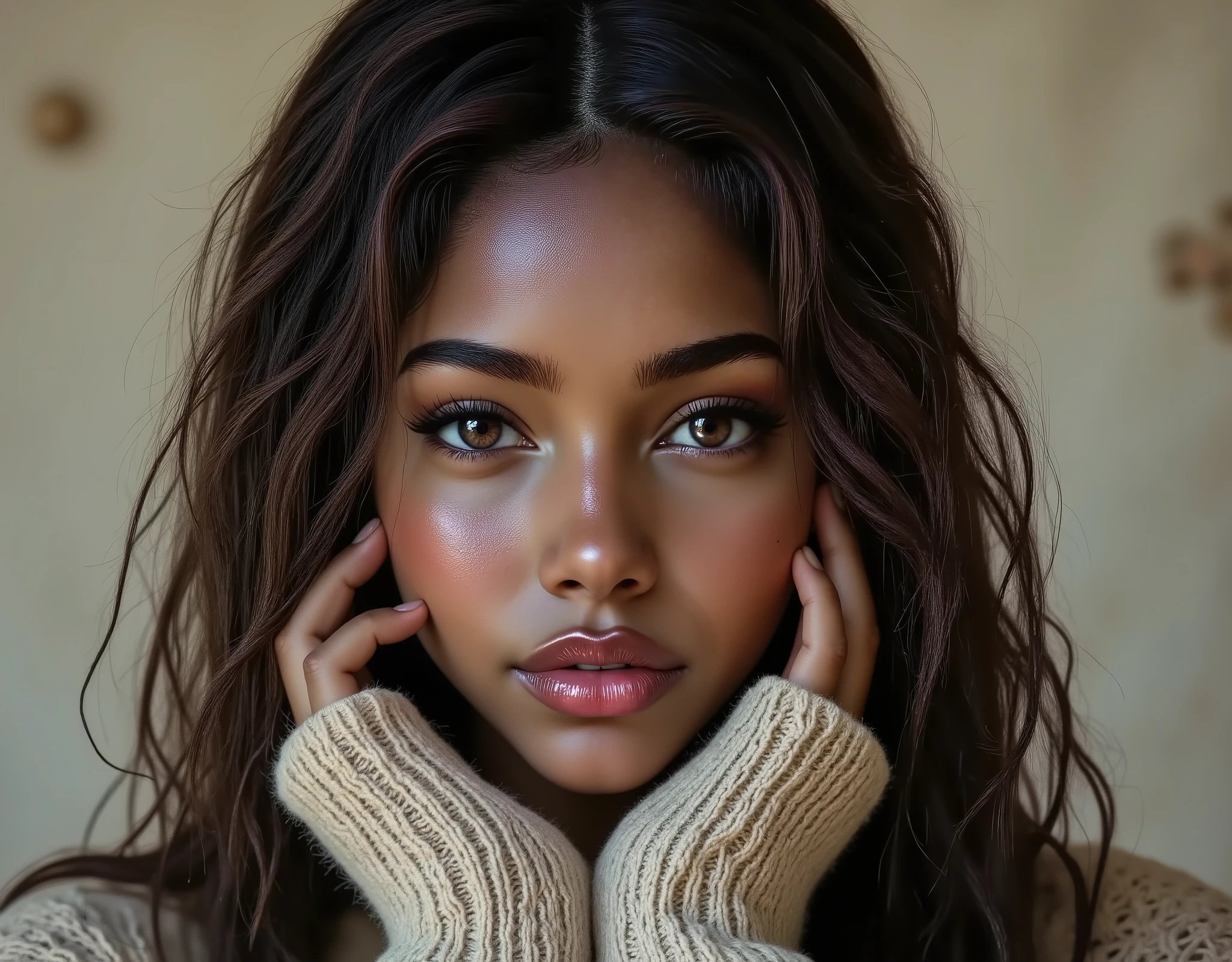portrait of woman, aran sweater, detailed hands, detailed brown eyes