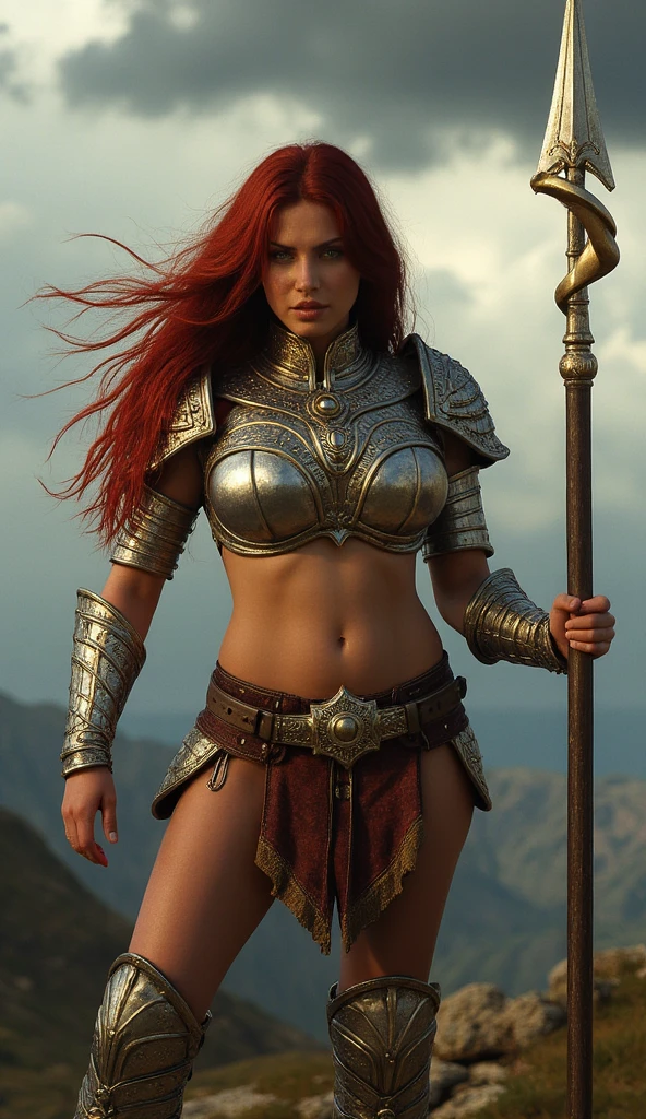 ((sfw))Red Sonja,1mulher guerreira, cabelos longos ondulados jogados ao vento, pelo ruivo, olhos verdes selvagens, Slender athletic body, wearing a bikini made of silver knit chain(escamas de peixe), Thong also made with the same type of quota, usando, botas feitas de couro envelhecido(cor marrom), wielding a long-bladed sword, bastante afiada, standing on the field of battle, guerreira imponente, invincible Red Sonja,((epic scene))((cena detalhada))((sfw)).