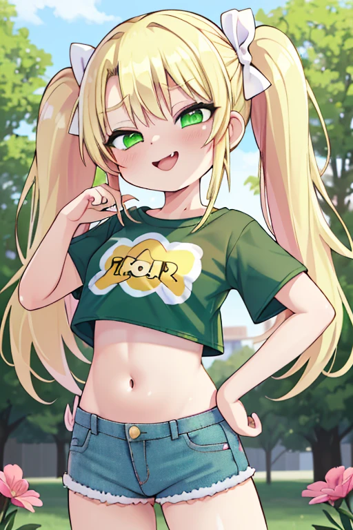 1 girl, heart-shaped pupils, (blond hair), (green eyes), (blush:1.1), Upper body, trembling, Sweat, Sweatdrop, heart, (speed line:1.1), ((Flat milk)), ((heavy breathing:1.3)), like, heart, bratty, mesugaki expresion, brat, lolita, Happy, smile,Yandere, long hair, (pigtails), ((LOLI)), (red bows on hair), ((((white crop top t-shirt)))), (short denim shorts), denim shorts, simple pink background, smile, midriff, ((mesugake expression at lens)), ((white crop top t-shirt)), oversized t-shirt, (midriff), ((pink background)), ((seductive pose)), (one arm on hip), (((laughing))), (((young))), (((loli)))