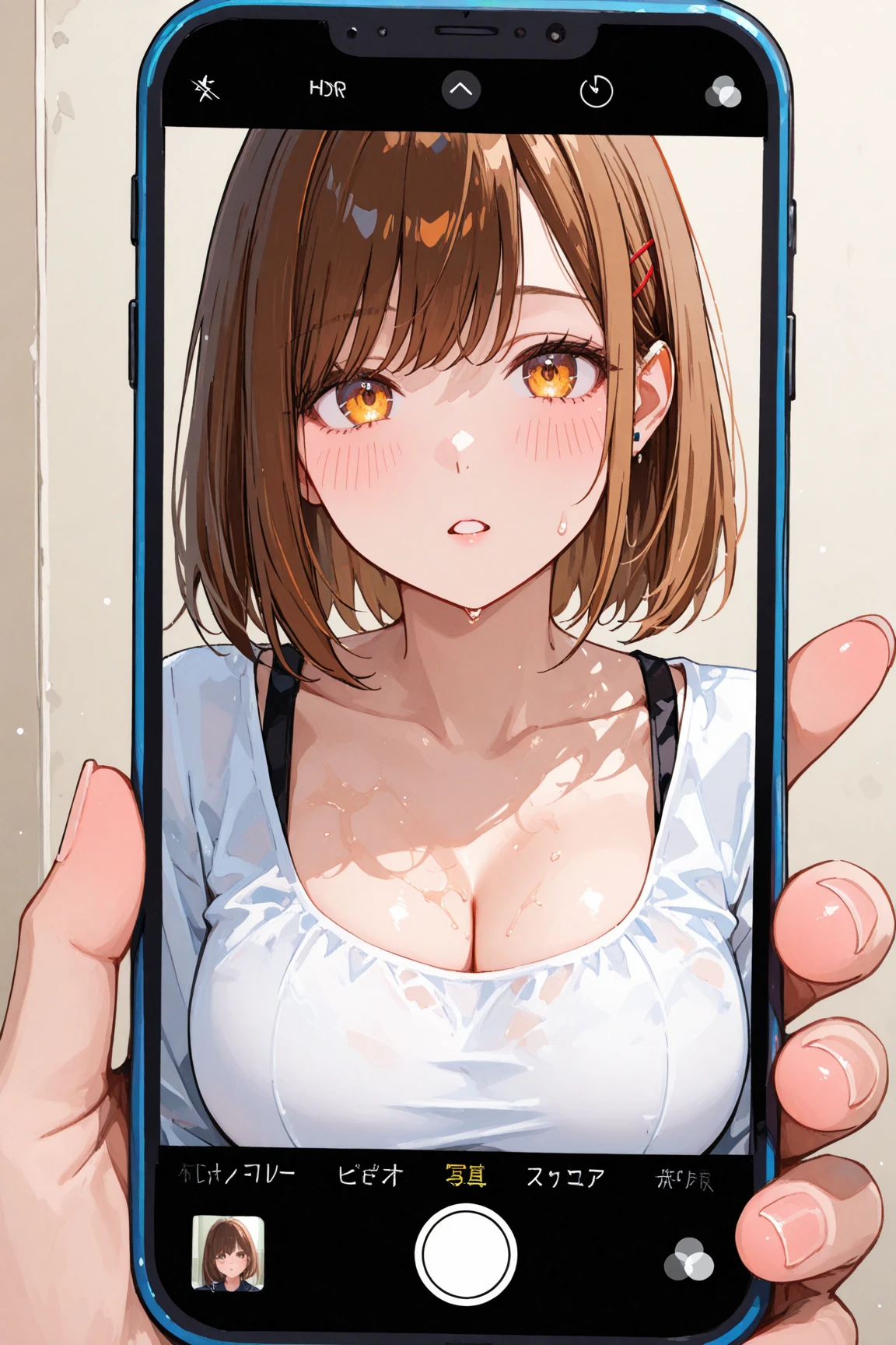1boy,Hands to shoot、POV, Hold up your smartphone screen、Girl on smartphone screen、Smartphone screen in front of the screen、Smartphone Focus、1girll、Girl in the back、japanese Gal、Fancy makeup、Shiny pink bed、sexy milf、Jin (MTSP)'s Tachibana Kyouka、nsfw