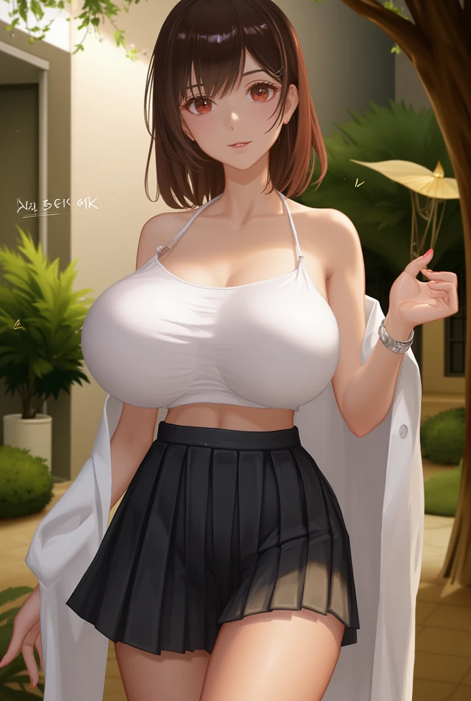 One woman ,red lipstick,sharp jawline,face makeup,mole under right eye, chandelier earrings , turtle white shirt,black pant ,g cup breasts size ,navel,brown hair,tall women,short awavy hair
