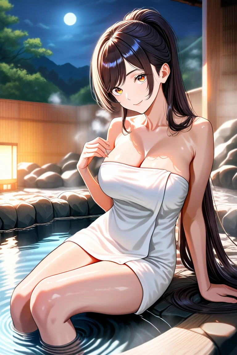 masterpiece, best quality, very aesthetic, absurdres, 1girl, mature_lady,naked_shirt,,akebi_komichi, akebi-chan_no_serafuku, 1girl, black_hair, long_hair, hair_behind_ear,,in hot spring,Onsen,glowing stardust frontground,fantasy,sparkling,fireflies,