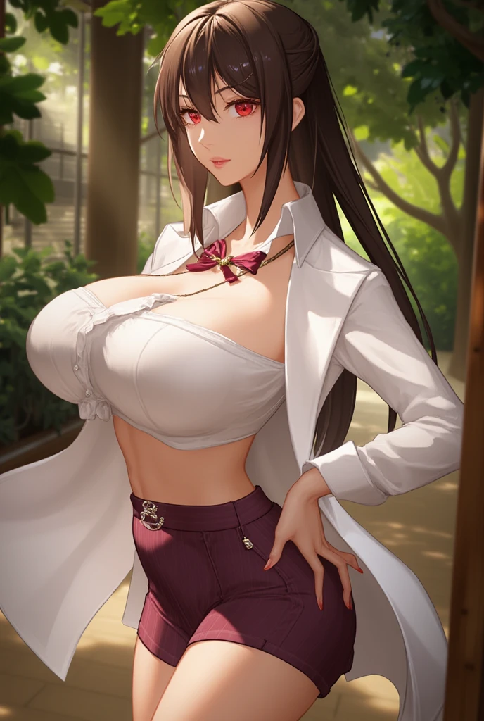 (masterpiece:1.2), (best quality), (ultra detailed), (8k, 4k, intricate), (upper body), (cowboy shot), (highly detailed:1.2),(detailed face:1.2), (detailed background),detailed landscape, (dynamic pose:1.2),  fuumasaika, 1girl, solo, long hair, breasts, gigantic breasts,looking at viewer, smile, skirt, large breasts, brown hair, shirt, red eyes, cleavage, bare shoulders, jewelry, very long hair, collarbone, white shirt, outdoors, necklace, off shoulder, hair over one eye, bracelet, petals, cherry blossoms