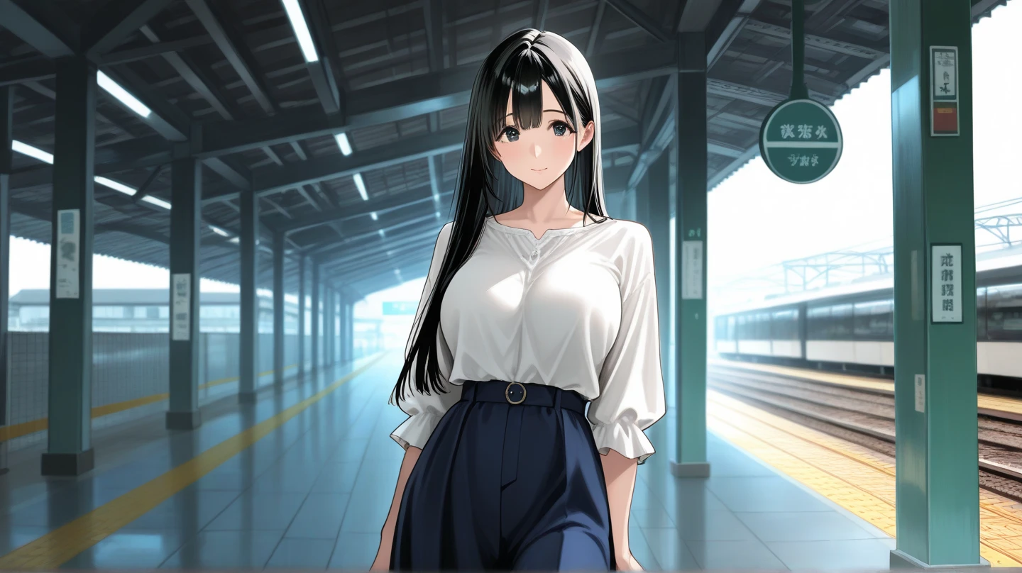 1 woman, black hair, white skirt, airport, speechless