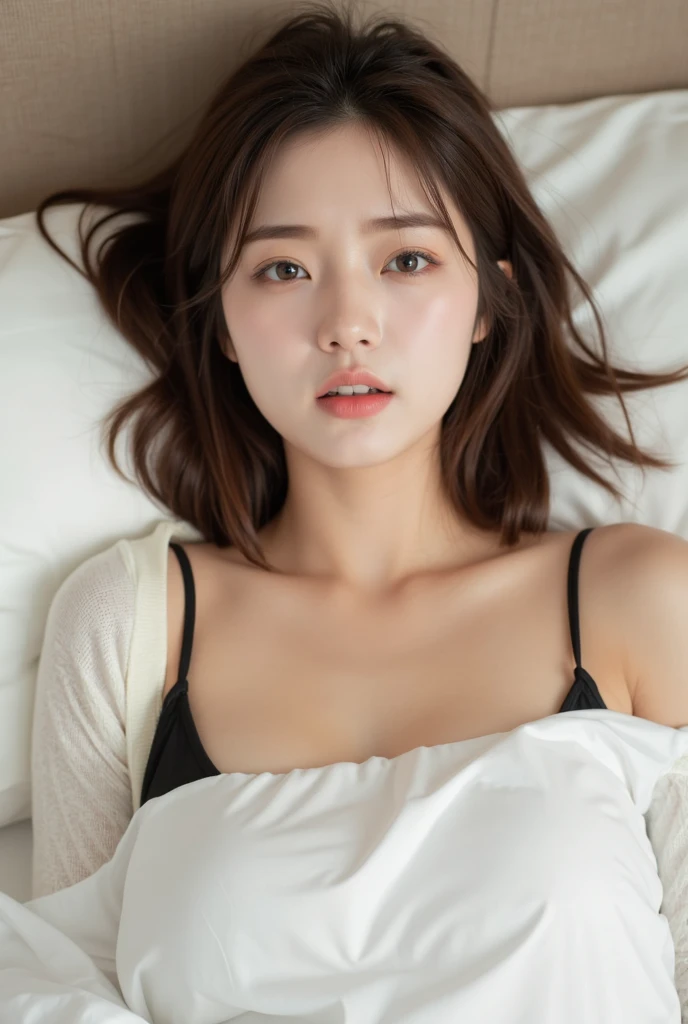 realistic figure, photogenic, middle length light brown hair, beautiful white-colored translucent skin, a little sunburned, medium build a little bit chubbily figure, no makeup, small mouth, small nose, smooth shaped jawline, glossy face, flushed cheeks, sleepy and vacant expression looks like drunken, wearing only lace black underwear, lying face down and cuddling on the bed, room is dark, close-up shoot, angle looking side from below