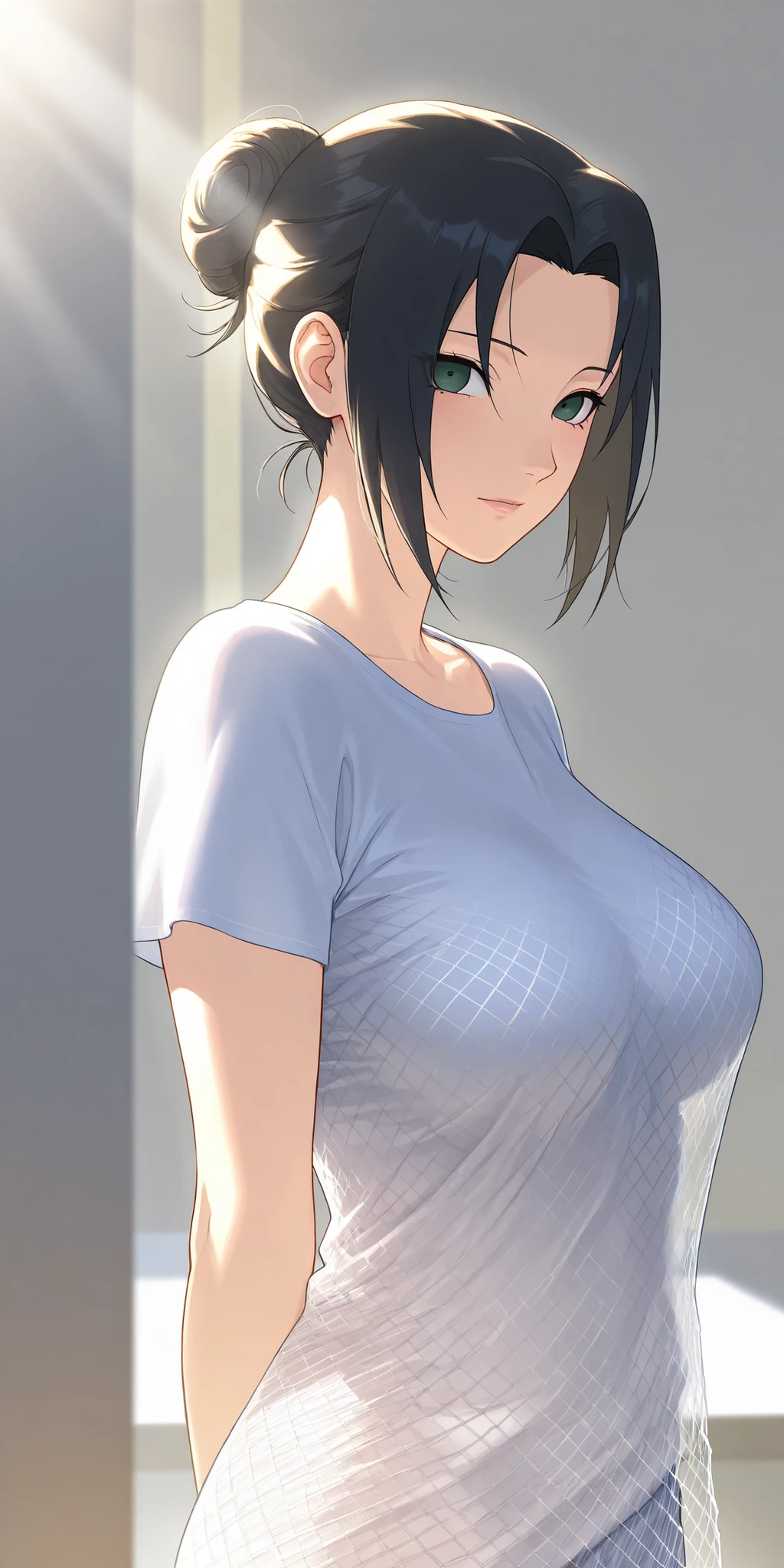 (((Masterpiece))), (portrait), Ayaka, diffused light, dynamic shadows, sharp focus, realistic, detailed, highres, absurdres, white background, (boobsqueeze), looking to the side, v arms, t-shirt, no bra, photorealistic, lifelike, wet