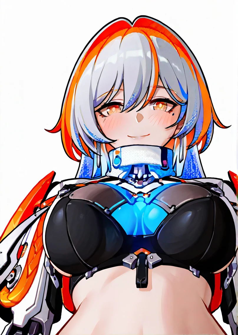 a close up image of an anime girl, (lievre), (((ssbbw))), chubby, extremely detailed face, (detailed eyes), stares at the viewer, (evil smile), (((extremely large breasts))), (((very tight outfit))), simple background, hyper bottom heavy, (((round belly))),