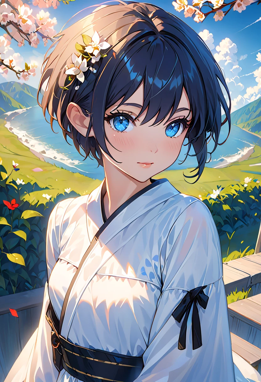 ((Highest quality)), ((masterpiece)), (detailed), (Japanese),16 years old, Black Hair,(Childish face), (Bob Hair), Girl, big Breasts, ((topless)), ((Blue eyes)),half-smile ,Sunlight, arched back, (extreme_close_up)  , riverbank, flower garden,((See-through shirt)),(Sheer shirt),