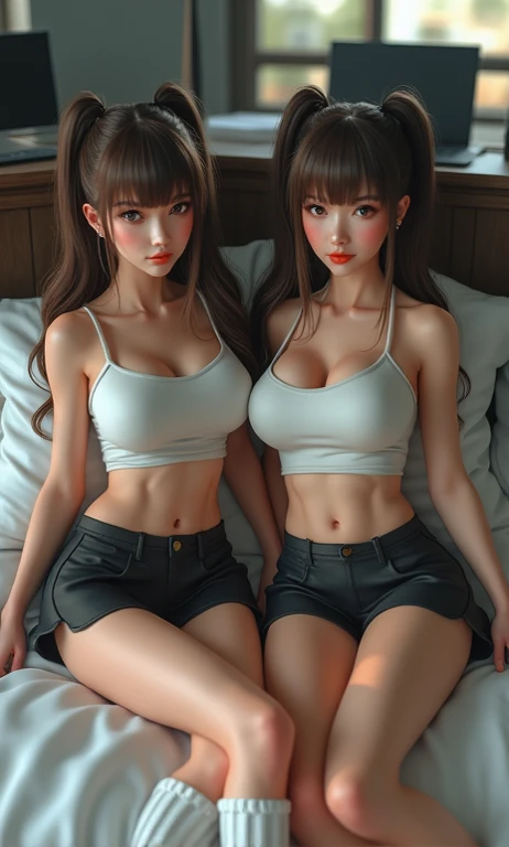 2 girls, twins, short hair, hot panties, realistic, ultra detail, smiles