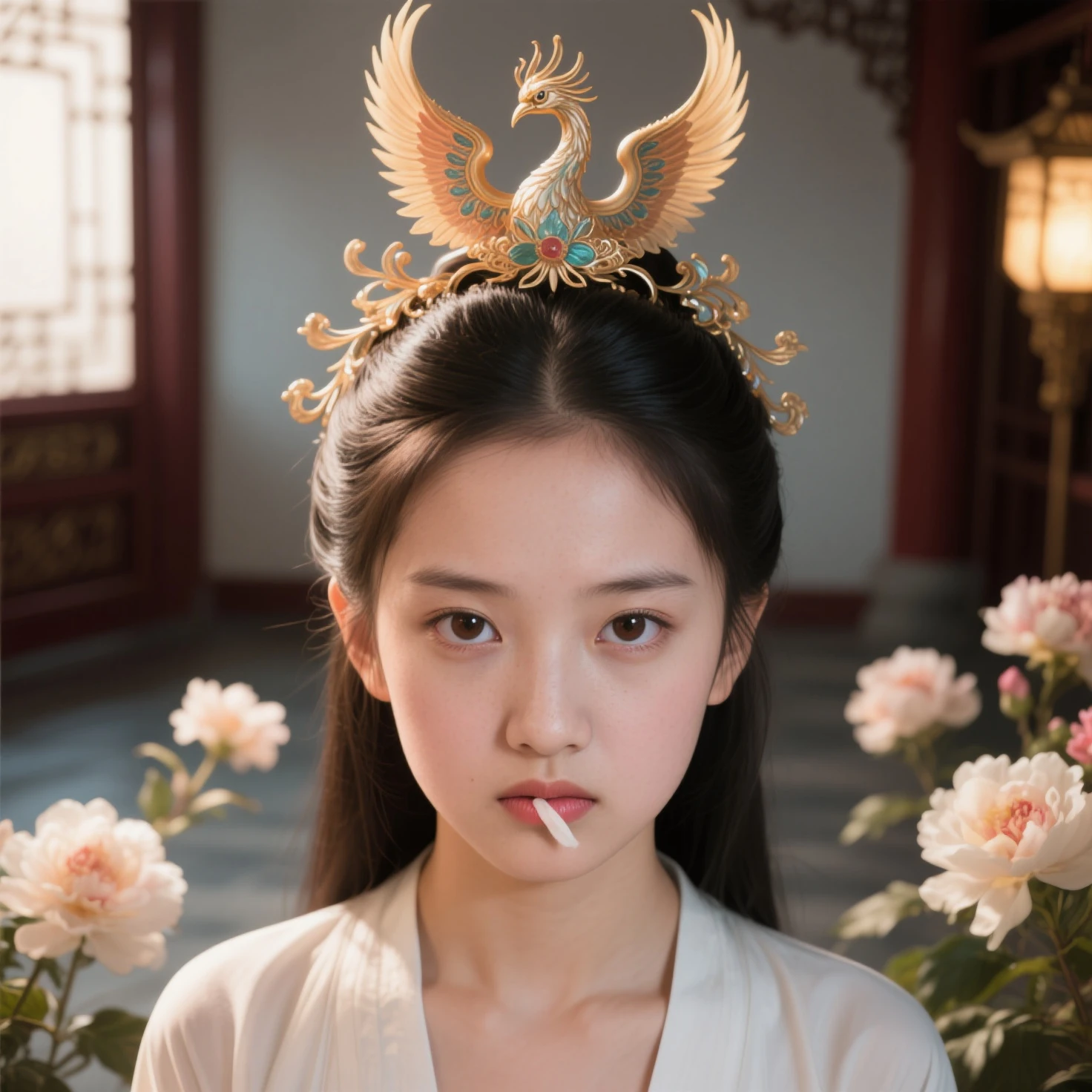 32K（tmasterpiece，k hd，hyper HD，32K），Long flowing black hair，Autumn pond ，Blue and white python protector （realisticlying：1.4），Carp pattern red robe，Purple-pink tiara，Petals flutter，The background is pure，Hold your head high，Be proud，The nostrils look at people， A high resolution， the detail， RAW photogr， Sharp Re， Nikon D850 Film Stock Photo by Jefferies Lee 4 Kodak Portra 400 Camera F1.6 shots, Rich colors, ultra-realistic vivid textures, Dramatic lighting, Unreal Engine Art Station Trend, cinestir 800，Hold your head high，Be proud，The nostrils look at people