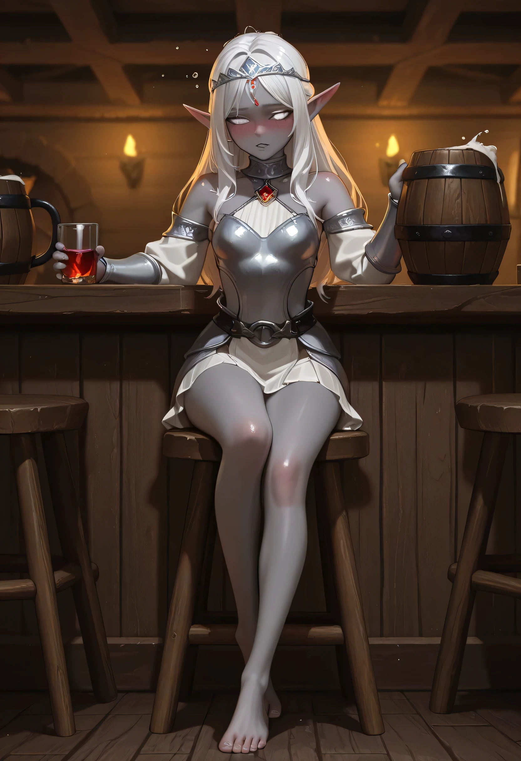 1girl, solo, hyper-detailed, ultra-detailed, masterpiece, good quality, best quality, very awa, very as2, absurdres, highres, 3d, elf, grey skin, pointy ears, silver tiara with a red gem, white eyes, shorty, sexy armor, , long white hair, drunk, tavern, blush, cute, small breast, fullbody, barefoot, bare shoulders