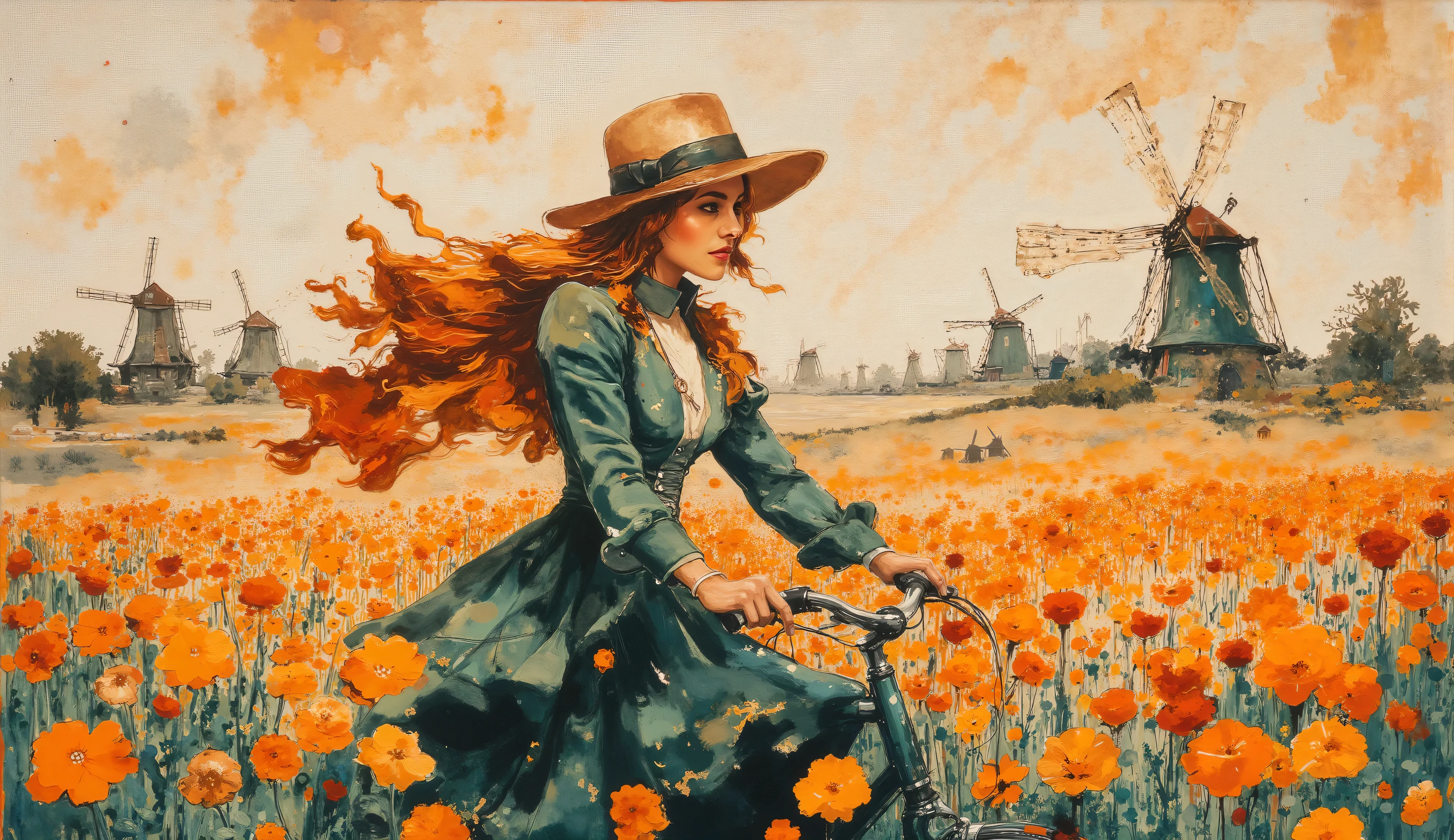 fashion illustration, illustration, fantasia surreal,   Girl with long hair in the wind, ride a mint bike on a flowery field in the Dutch countryside, in the background old windmills complete the landscape. color palette Rusty Red, Antique Ruby, Dark Green, Midnight Green (Eagle Green), Tart Orange,  morning, volumetric lights, ,  acrylic, fashion illustration. 