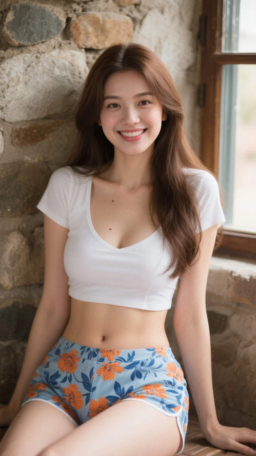 ((masterpiece, Top image quality, high resolution、solitary、Radiant Skin))(on the table, best quality, Practical, Super detailed, meticulous, high resolution, 8k wallpaper), Close-up portrait of a beautiful woman, like, Smile, Light brown messy hair, Perfect dynamic composition, 美丽meticulous的眼睛, Like the cover of a fashion magazine, On Campus
