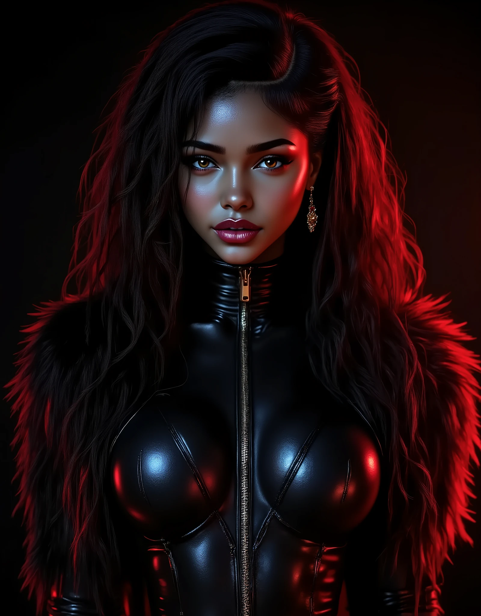 (masterpiece, best quality:1.2), 1girl, solo, bi-racial woman, (makeup:1.4), beautiful smile, brown eyes, turtleneck latex outfit, zipper, highly detailed fur, natural skin texture, 4k textures, Highly detailed perfect , Lightroom, Intricate, Ultra-Realistic, Out There, (HDR:1.3), UHD, (Intricate Detail, Hyper-Detailed:1.1), Cinematic, Photoreal, (Dark Shot:1.2), Dramatic, High Contrast, (Warm Color:1.1) , muted colors, master piece, elegant, sharp focus, looking at the viewer, black to red gradient background, solid dark black with red gradient background, neutral studio background
