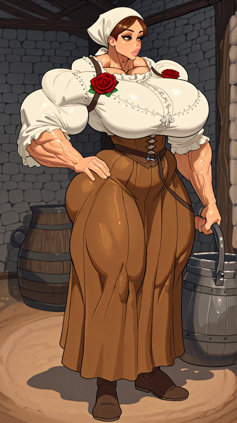score_9, score_6_up, source_anime, medieval mercenary lady, mature woman, bimbo, long fluffy blonde hair, hair covering one eye, big puffy full lips, pouted lips, squinting eye, ((NSFW)), ((Full body)), ((gigantic breasts)), ((sagging breasts)), wide hips, thick thighs, huge ass, detailed background