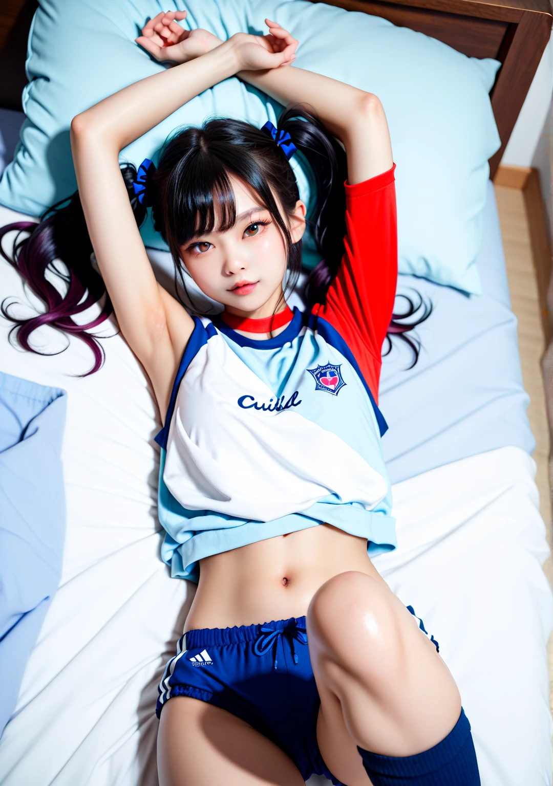 10th generation, sky blue aged bloomer、dirty bloomers、A small, old white T-shirt、Old pale red bloomers with two white lines on the sides、Slight cross-eyed、two girls、sports meeting、dark purple hair、Japanese、hair medium straight、 skinny、embarrassed look、brown eyes、delicate、small butt sticking out、thin thighs、spread legs、gym uniform, not sensitive