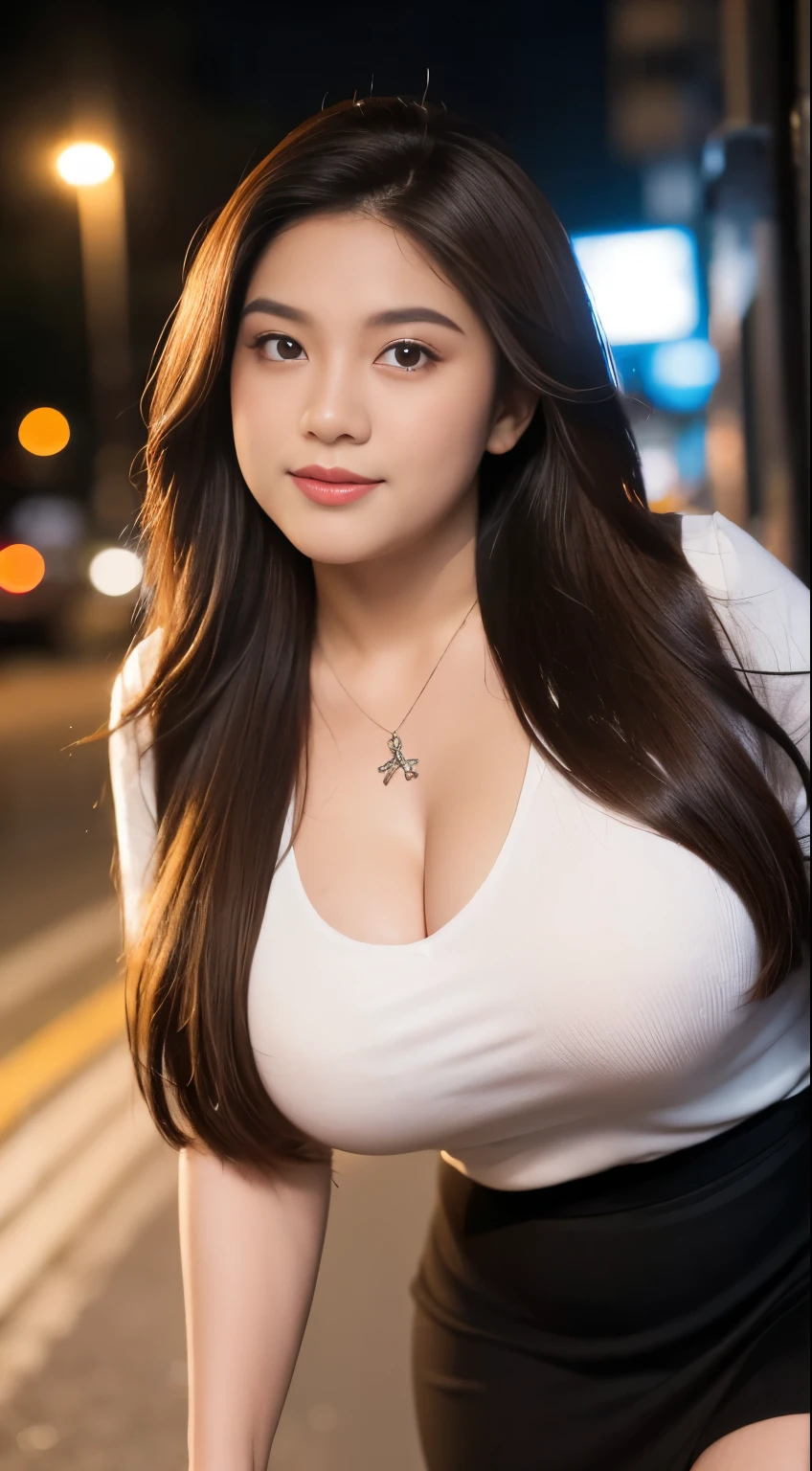 ( Close Up),RAW, Best quality, high resolution, works: 1.3), Beautiful Malay woman, Masterpiece, fit body, big breasts, brown hair, beautiful big eyes, Soft smile, beautiful face, woman stading under  street light, traditional beauty, beautiful woman, woman wearing white shirt, standing on the street, at night, beautiful smile, with a sexy appearance, a very beautiful masterpiece, a masterpiece of art, good lighting, Bright colors, Clean lines, chubby body, wide chubby hips, chubby arm, chubby massive thighs , massive cleavage , extra cleavage,  slutry sexy vuloptuous, very big breasts zoomed in, young malaysian beautiful woman, gigantic breasts, very beautiful malaysian woman, ample breasts, full breasts, exposing cleavage, big breasts, deep cleavage, wearing black skirt, long hair, standing alone under the street light, on a quite alley at night, girly, leaning to street lamp post, in a small alley, necklace, 19 years old woman, necklace, looking away from the camera, closeup picture