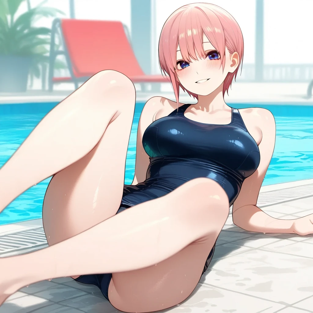 best quality, masterpiece, high quality, insanely detailed, ichika nakano, one-piece swimsuit, breasts, pantyhose, blush, smile, leg spread, nipple, pussy