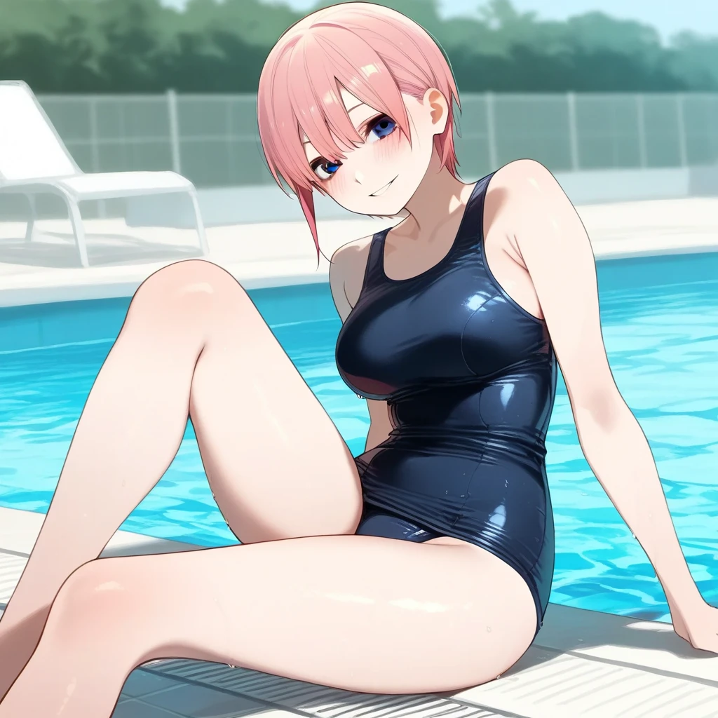 best quality, masterpiece, high quality, insanely detailed, ichika nakano, one-piece swimsuit, breasts, pantyhose, blush, smile, leg spread, nipple, pussy