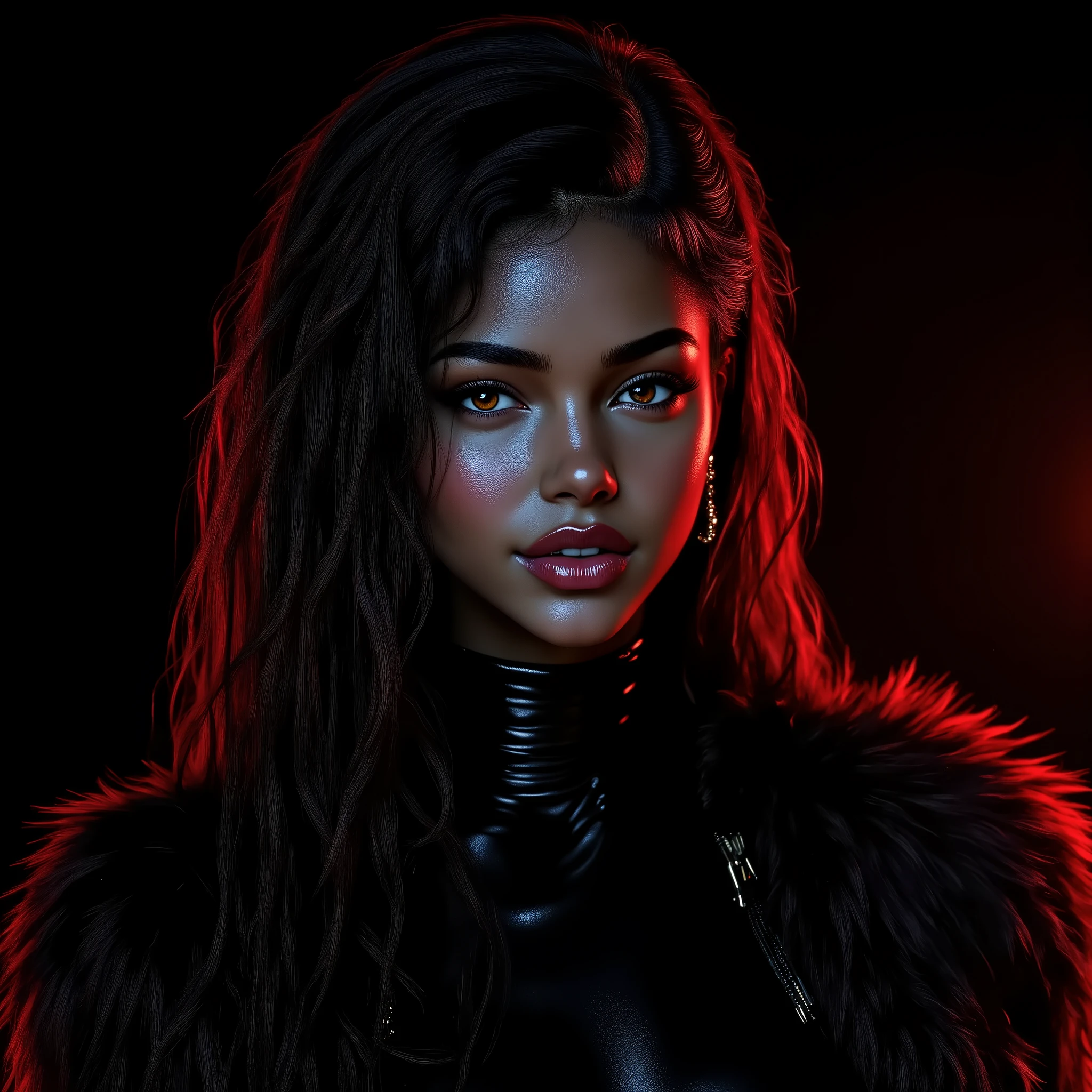 (masterpiece, best quality:1.2), 1girl, solo, bi-racial woman, (makeup:1.4), beautiful smile, brown eyes, turtleneck latex outfit, zipper, highly detailed fur, natural skin texture, 4k textures, Highly detailed perfect , Lightroom, Intricate, Ultra-Realistic, Out There, (HDR:1.3), UHD, (Intricate Detail, Hyper-Detailed:1.1), Cinematic, Photoreal, (Dark Shot:1.2), Dramatic, High Contrast, (Warm Color:1.1) , muted colors, master piece, elegant, sharp focus, looking at the viewer, black to red gradient background, solid dark black with red gradient background, neutral studio background