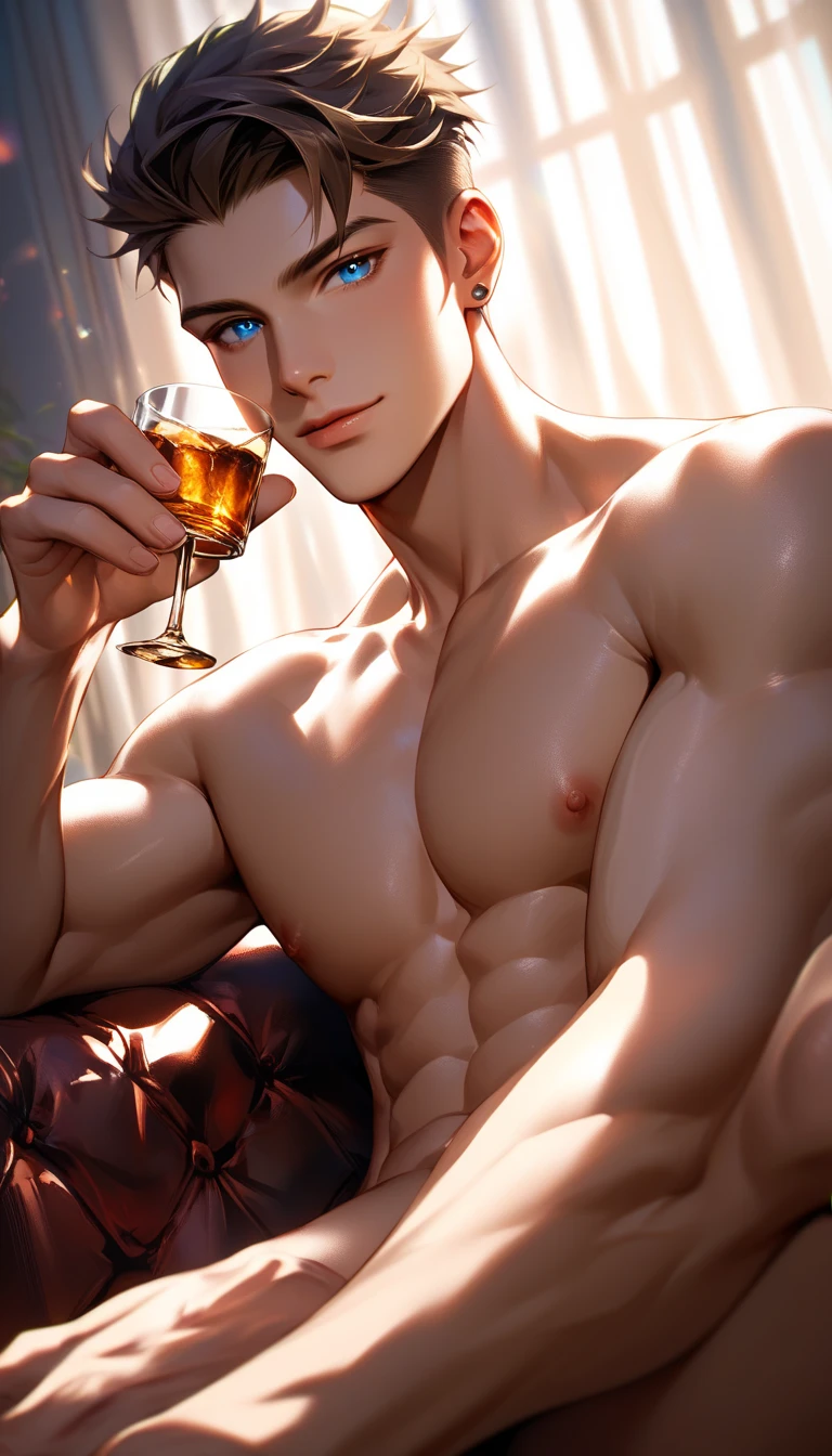 Ruggedly handsome older man, DILF,  . Dominant, Confident, gentleman, solo shot, sitting in armchair, holding a drink in his hand, nightime