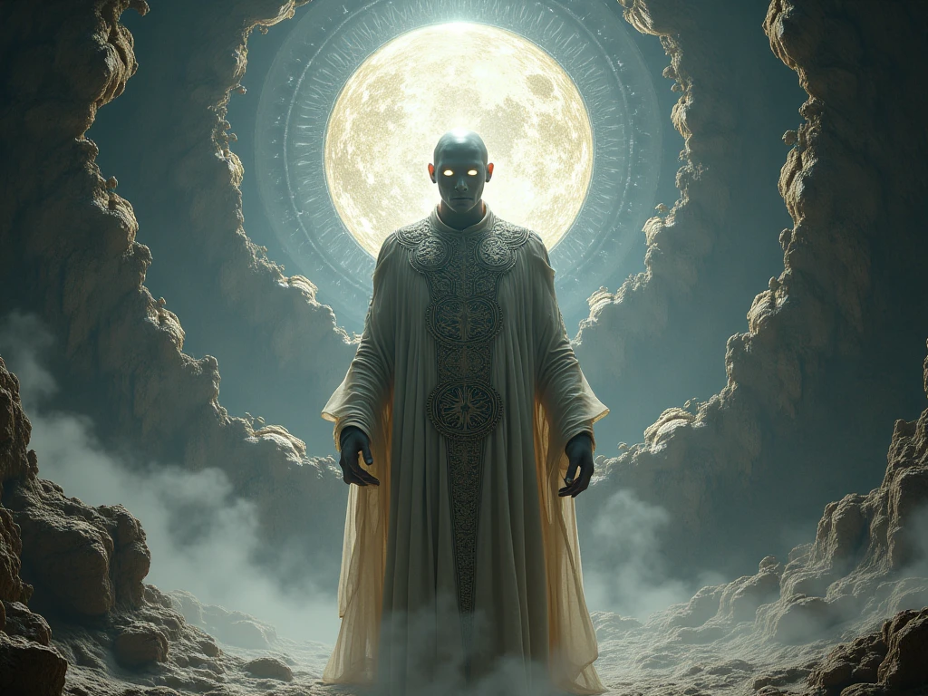 Create a highly detailed and atmospheric digital painting of a cosmic dark entity meditating in a lotus position on the surface of a barren planet. The entity has a shadowy, featureless face and a muscular humanoid body covered in dark organic tendrils that appear to flow and twist around it.. A bright red crystal is embedded in his chest, pulsating with dark energy. Above the head of the entity, A spinning purple and black cosmic vortex with a glowing mystical orb at its center radiates power, Shedding an ethereal light. The background features a vast star-filled galaxy with purple nebulas and distant cosmic phenomena., creating a sense of infinite space and power. The lighting is dark and sinister, and the main sources of light are the glowing red crystal and the mystical orb. The overall color palette is dominated by deep purples., black and touches of red, evoking a sense of cosmic mystery and power.