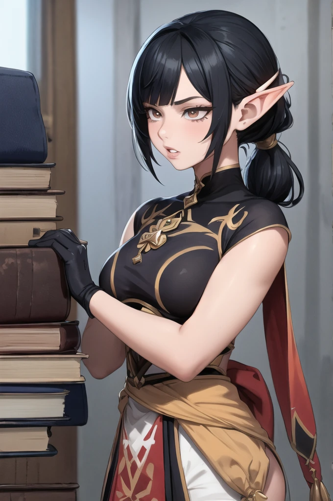 steampunkai。Monster Girl。Possesses both dragon and human characteristics。See who's watching。holding a thick leather-bound book open。