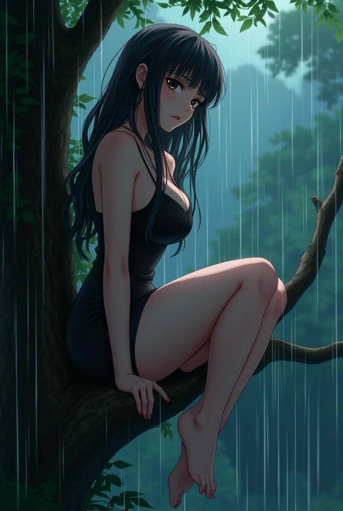 soaked, wet girl with long slender legs, waist-length long, luscious black hair, bangs, wearing short wet black frock, wide hips, narrow waist, sexy, anime, manga, intricate, detailed, stockings, heels, wading though flood, outdoors, rainstorm, rain, storm, lightning, eye pupils, eye highlights