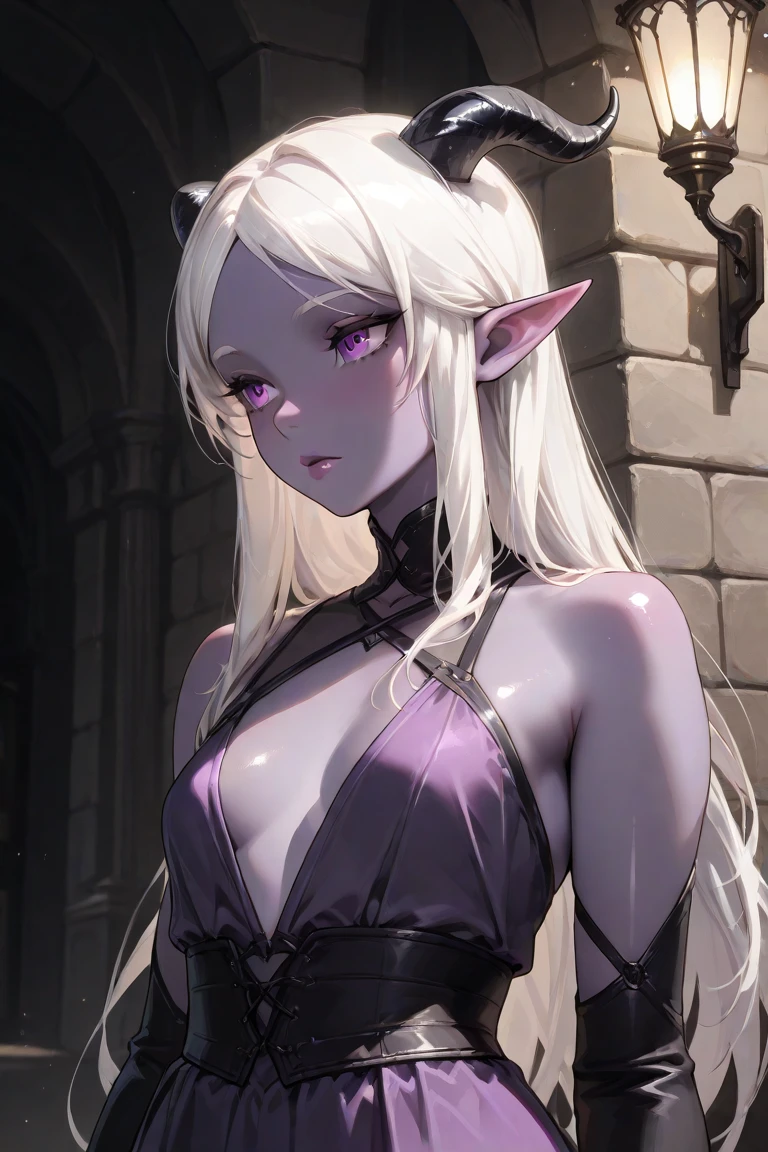 Pale skin, silver moon, ancient elf, rare, cursed maiden, celestial armor, beautiful girl, long icy hair, violet glowing eyes, grey skin, palace ruins,
