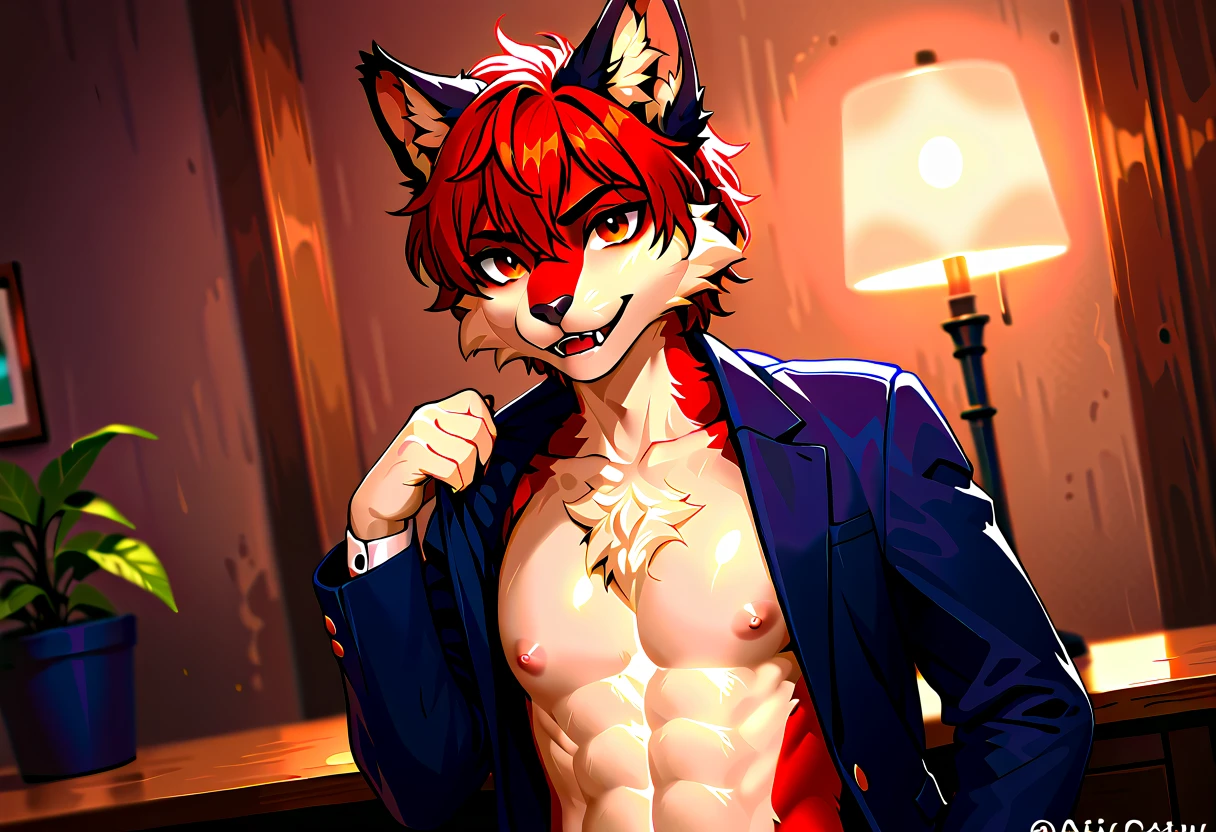 dragon, purple hair, ((Beige dragon horns)), Cyan eyes, (Orange spread wings), (orange ponytail with purple hair at the tip), anthro, Hairstyle high, naked body, Sly grin, Tease, artful, Male body, red fox, red body, red coat, furry tail, male genitalia,
