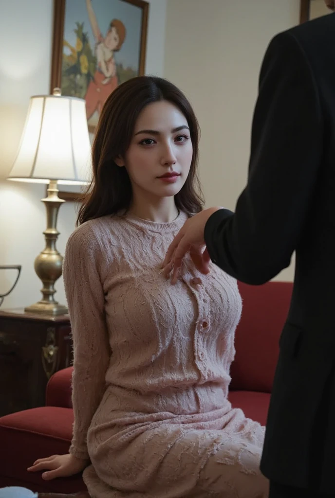 Ultra-realstic capture,Highly detailed,High resolution 16k close-np of human skin,Skin texture must be natural,With such detail that pores can be finely identified,(Best quality, Masterpiece, UHD:1.4),Photo of Pretty Japanese woman,Cinematic bokeh photo,looking at viewer,cowboy shot,(common man:1.4),There is a middle-aged woman wearing a red turtleneck knit and a white jacket, and a middle-aged man wearing a blue shirt.,A man grabs a woman's wrist from behind,(male perfect thumb),(Red knit with prominent nipples:1.2),necklace,(Sagging breast shape of middle-aged women), (Middle-aged woman shyly looking up at a man),A silver wedding ring is worn on a woman's ring finger,