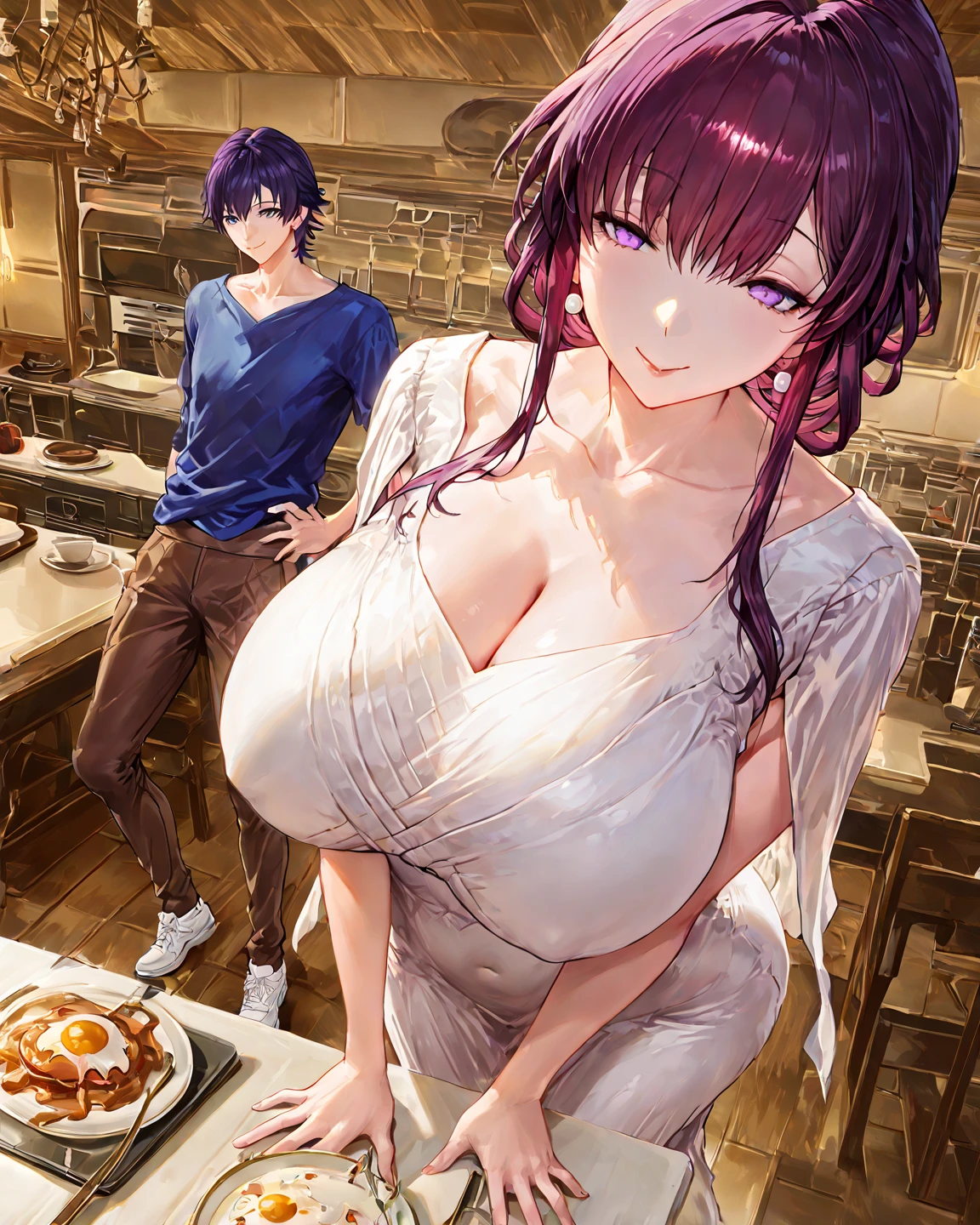Your influencer character(milf with big boobs) with long, dark hair dancing on a beautiful restaurant on the roof top. gorgeous table decorated with candles in the background. She is dressed in a flowy sundress (stylish party attire ) and has a joyful expression on her face. The style is bright and colorful, capturing the energy and fun of the moment.