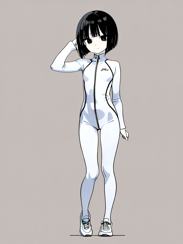 ((Best Quality)), ((Masterpiece)), ((Realistic)) 27 year old black haired woman, short length hair, relaxed happy face, upbeat cheerful expression ((slender)) (busty), ((( white swimsuit ))) ((sexy )) textured haircut (((detailed character sheet, frontal view, side view, three quarter view))) (((white background))) ((7 heads full body))