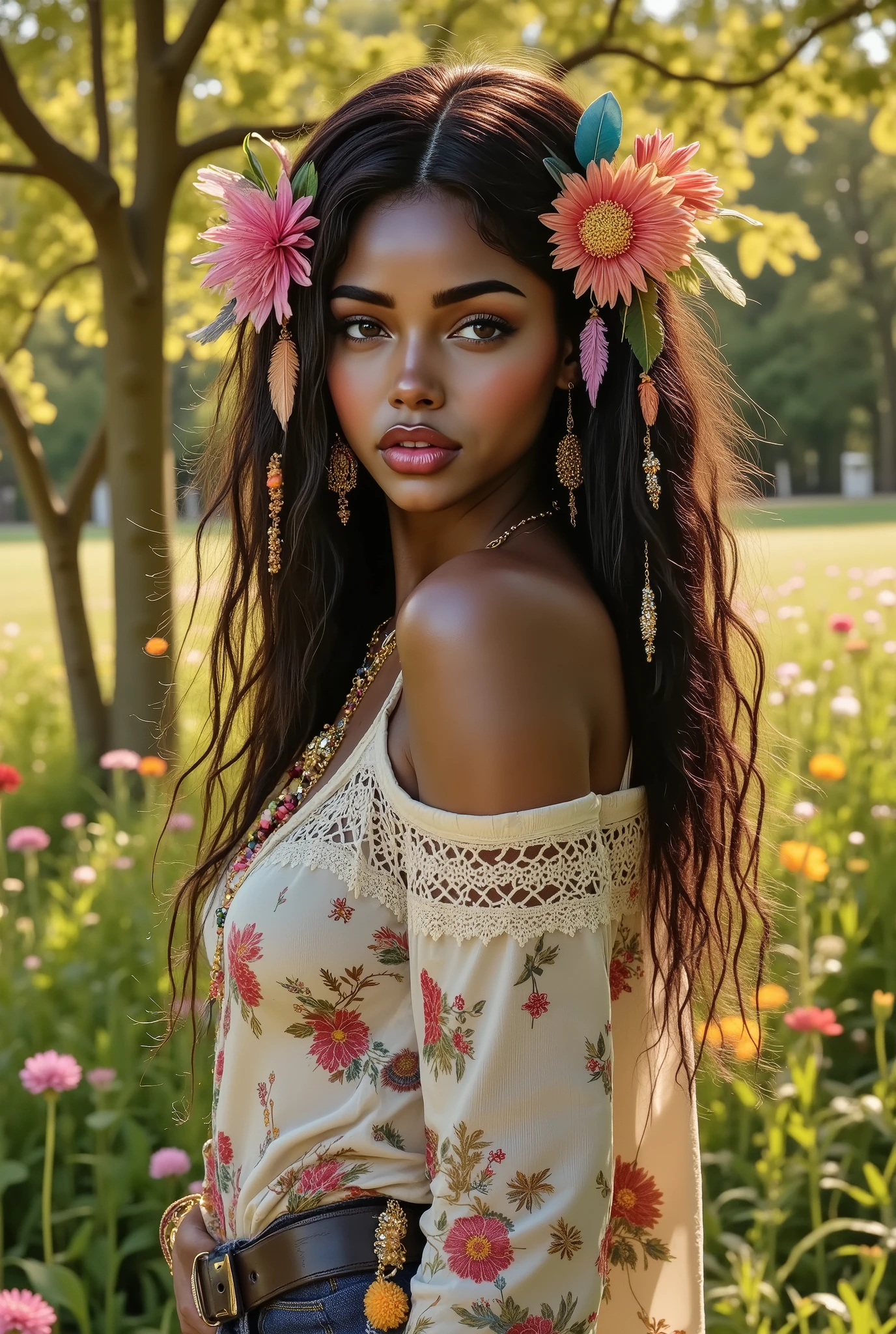 bi-racial woman, A bohemian woman standing gracefully in a sunlit meadow, wearing a flowy, patterned dress with lace details and a leather belt. Her long, wavy hair is adorned with natural ornaments like feathers and flowers, complementing her layered textures of jewelry, including bangles, necklaces, and dangling earrings. The scene is bathed in earthy tones, with soft sunlight filtering through the trees and highlighting her serene, dreamy expression. In the background, a mix of wildflowers and tall grass sways gently in the breeze, adding to the whimsical and natural atmosphere.