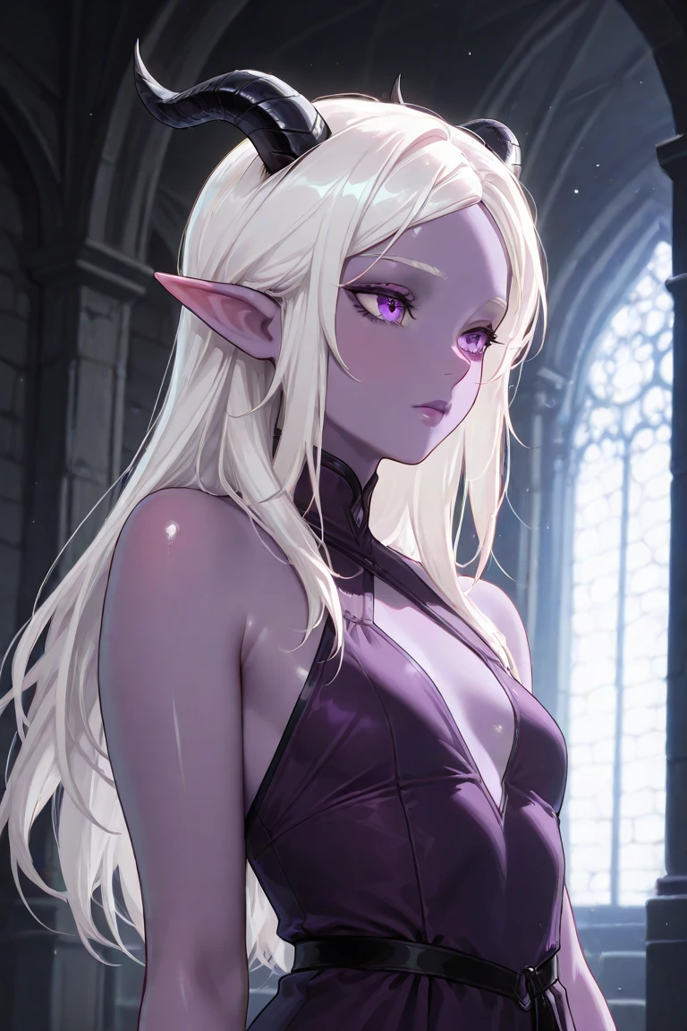 (Score_9, score_8_up, score_7_up, medieval bar, liquor display, night), close up, 1girl, drow elf, purple skin, long white hair, lip gloss, full lips, purple eyes, eyeliner, see through lace dress, lace elbow gloves, circlet, cleavage, big breasts, tall, slim, dimly lit, Nyantcha Style, source_anime,