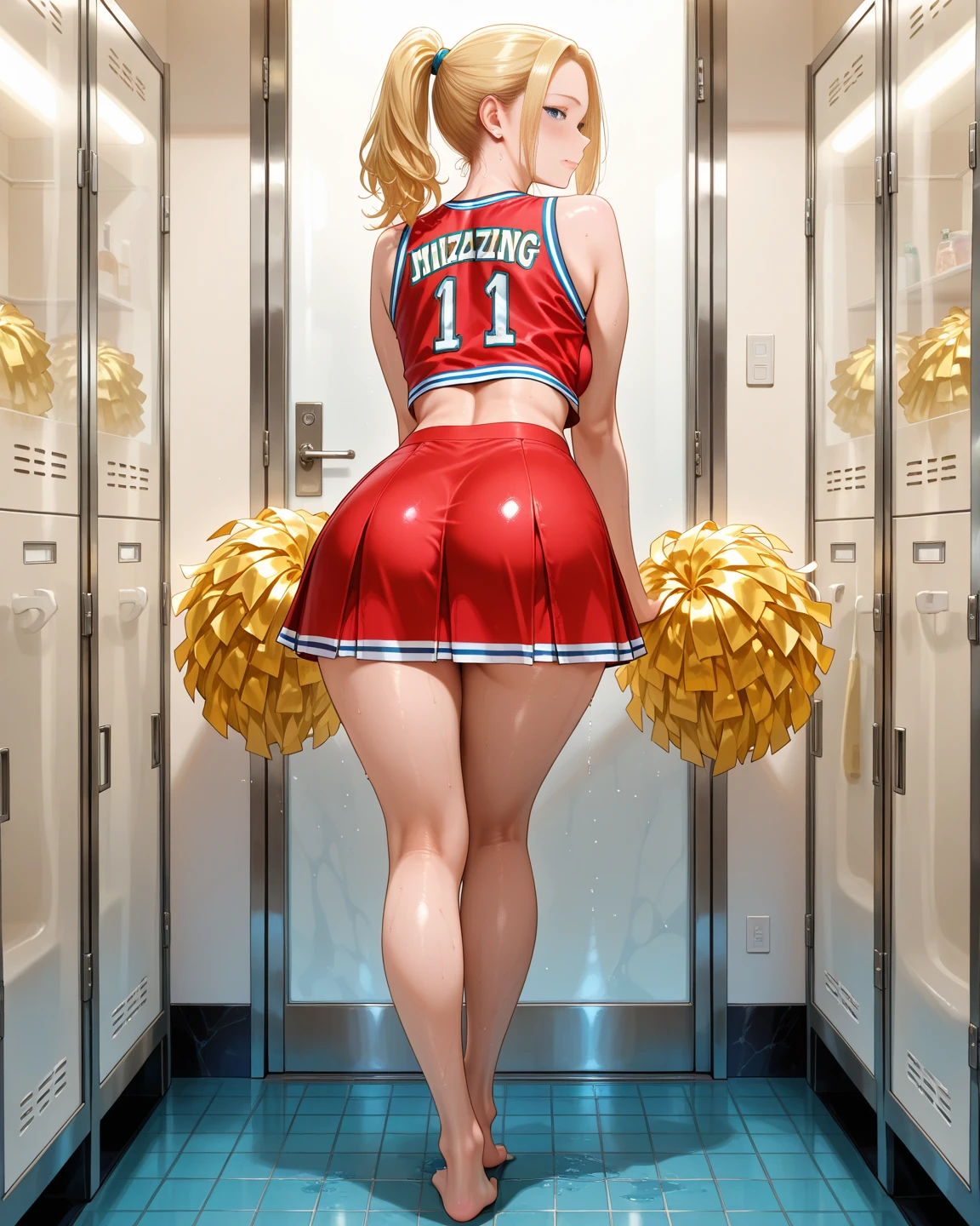 Photo realistic, bbw, huge tits, cleavage, realistic lighting, very thick, huge thicc chunky thighs, young, white hot blonde girl, detailed face, wide hips, flirting, squishy, posing seductively, pushes up tits, huge ass, sexy pose, cheerleader,  horny look