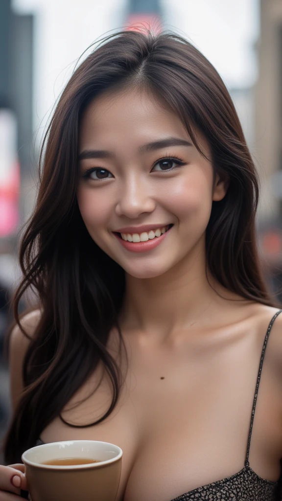 (Highest quality,10,10,High resolution,masterpiece:1.2),Super detailed,Realistic:1.37,Professional,One 19-year-old girl with long hair, Flowing hair and a metallic grey strapless shirt, And wear a sarong., Symmetrical shape,The fingers are beautifully proportioned..,Vibrant colors,Bokeh,Studio Light,Portraiture, 1 Girl、smile