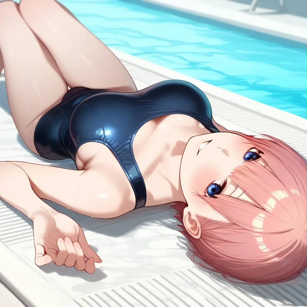 ((highest quality)), ((Perfect hands)),((Perfect legs)),(Super detailed),girl,Navy blue school swimsuit,(Lift your legs),Y-balance pose,Poolside,Japan School Pool,Open your legs towards the photographer,latex,Water Drop,Socks up to the knee,Knee-high socks,Pink Hair,Side Tail
