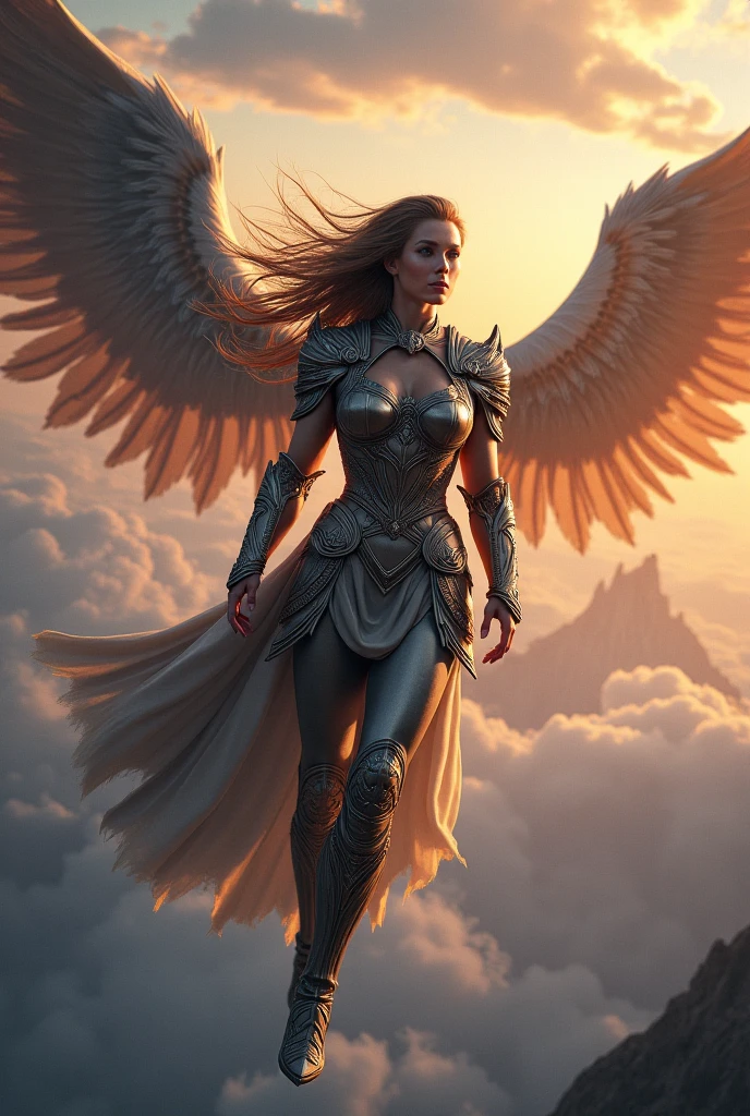 (offcial art, masterpiece, best quality, photorealistic, very detailed, best shade), 1 mature woman, alone, angel, long hair, ghotic, fantasy, wings, gold, tiara, confident look, armor, symmetrical eyes

