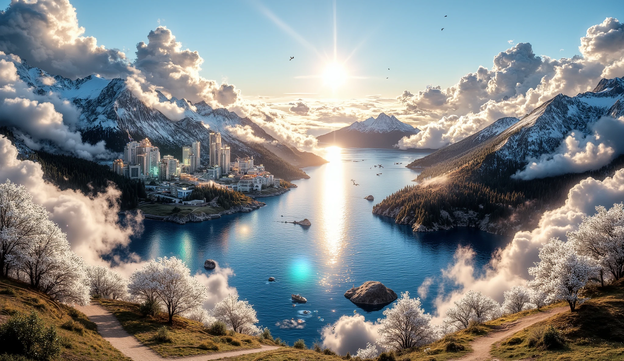masterpiece, an amazing magical city, a large ocean, a large forest of white flowers, a large number of clouds everywhere, a planet in the sky and stars, a very detailed magical city, beautiful forest of white flowers impressive color, clouds all over the landscape, a beautiful planet , wallpaper, 4k, HD, detailed, 8K, Background