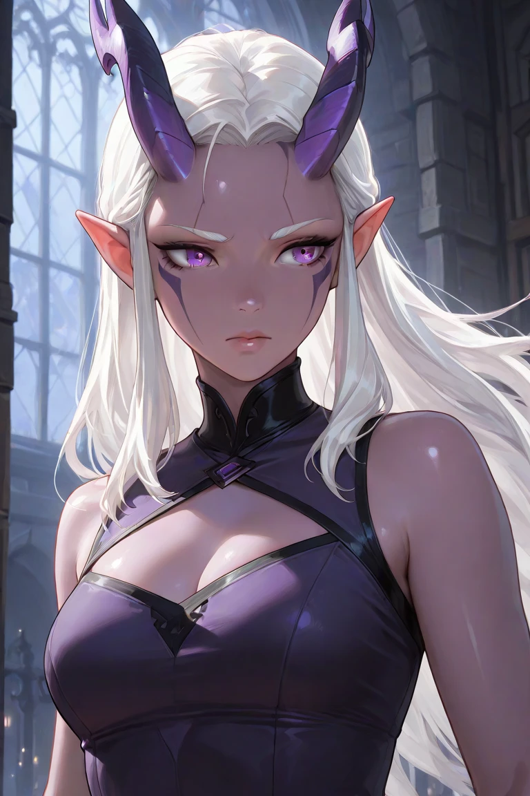 Pale skin, silver moon, ancient elf, rare, celestial maiden, celestial armor, beautiful girl, long icy hair, violet glowing eyes, grey skin, palace ruins,