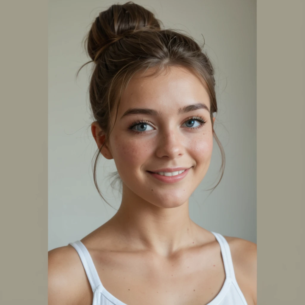  linda , 17 yr old, PICTURE REALISTIC, high resolution photo, Light brown bun hair, adolescent, under wear