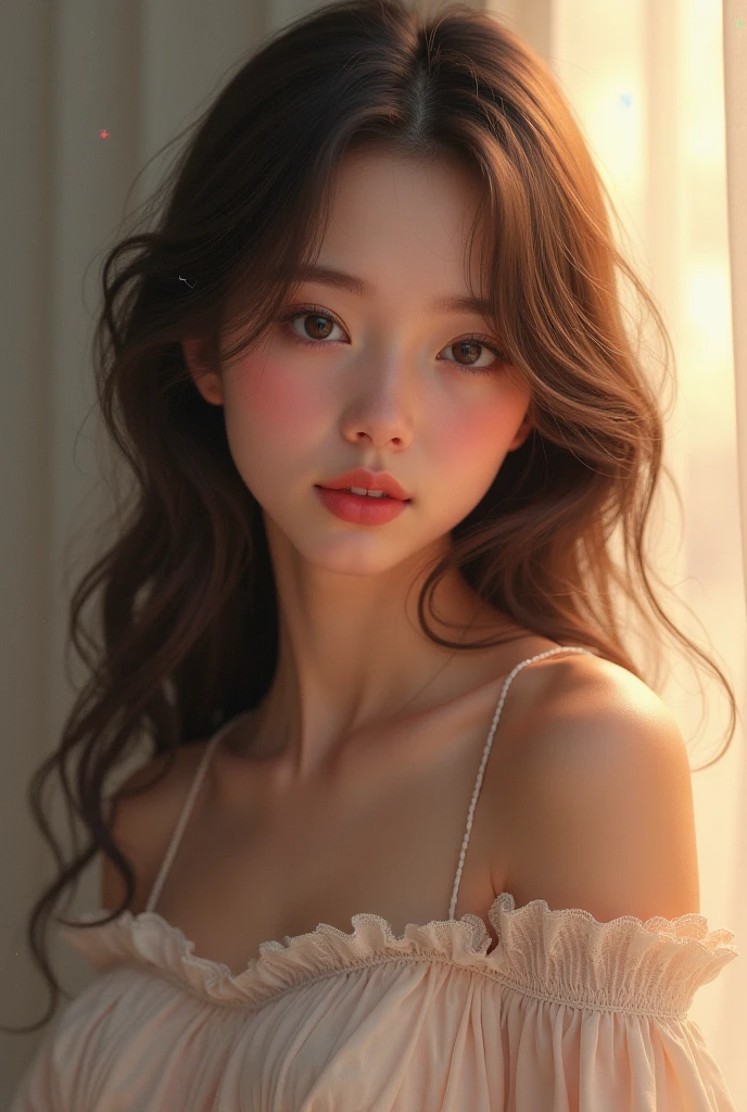 Japanese woman with long hair。Gently smiling face。With bangs。Dress。Loose and fluffy long。Eyes wide open。Brown Hair。Strong eyes。Large Breasts