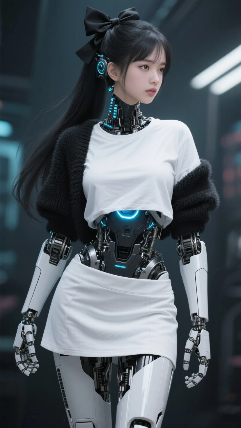 masterpiece, best quality, extremely detailed, (photorealistic:1.4), (RAW photo) (RAW photo) (8K, 4K, Best Quality, hight resolution, 超A high resolution:1.1), (masutepiece, Realistic, Photorealsitic:1.1), 1girl in, Japaese Cyborg girl,Plump , control panels,android,Droid,Mechanical Hand, Robot arms and legs, Black Robot Parts,Black hair,Mechanical body,Blunt bangs,White robotics parts,perfect robot girl,long tube,thick cable connected her neck,ceramic body ,mechanical body, head antenna,short lod antenna on the head,mechanical ear cover, mechanical costume,android,robot,humanoid,cyborg,japanese android woman ,black leggings,mechanical chest,full eyes,future laboratory,connecting a cable between the legs,