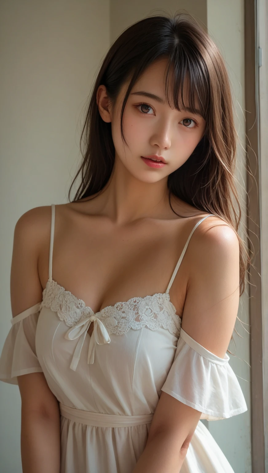 Half length portrait, realistic, photo realistic, best quality, masterpiece, extremely delicate and beautiful, extremely detailed, CG, 8K, amazing, fine details, masterpiece, best quality, extremely detailed CG unified 8K wallpaper, super detailed, high-resolution, extremely detailed, a beautiful girl, cute, sweet, hair details, thin bangs, shawl hair, off shoulder, white Slip dress, lace edge, pajamas, nightdress, white skirt, Long legs, exquisite makeup, slim figure, Tindall effect, infinite details, high quality, perfect composition, dynamic lens, master works, best picture quality, higher quality, high details, ultra high resolution, 8k resolution, Tindall effect, cinematic light, super realism, infinite details, highest picture quality, masterpiece, glowing skin, Tindall effect, realistic texture, master works, best picture quality, higher quality, high detail, Ultra high resolution, ultimate detail, 8k, best quality, ultimate detail, realistic texture, realistic, high detail, detailed background, pure, indoor, bedroom, bed, night, desk lamp, dim light environment, illustration, (facial specific)